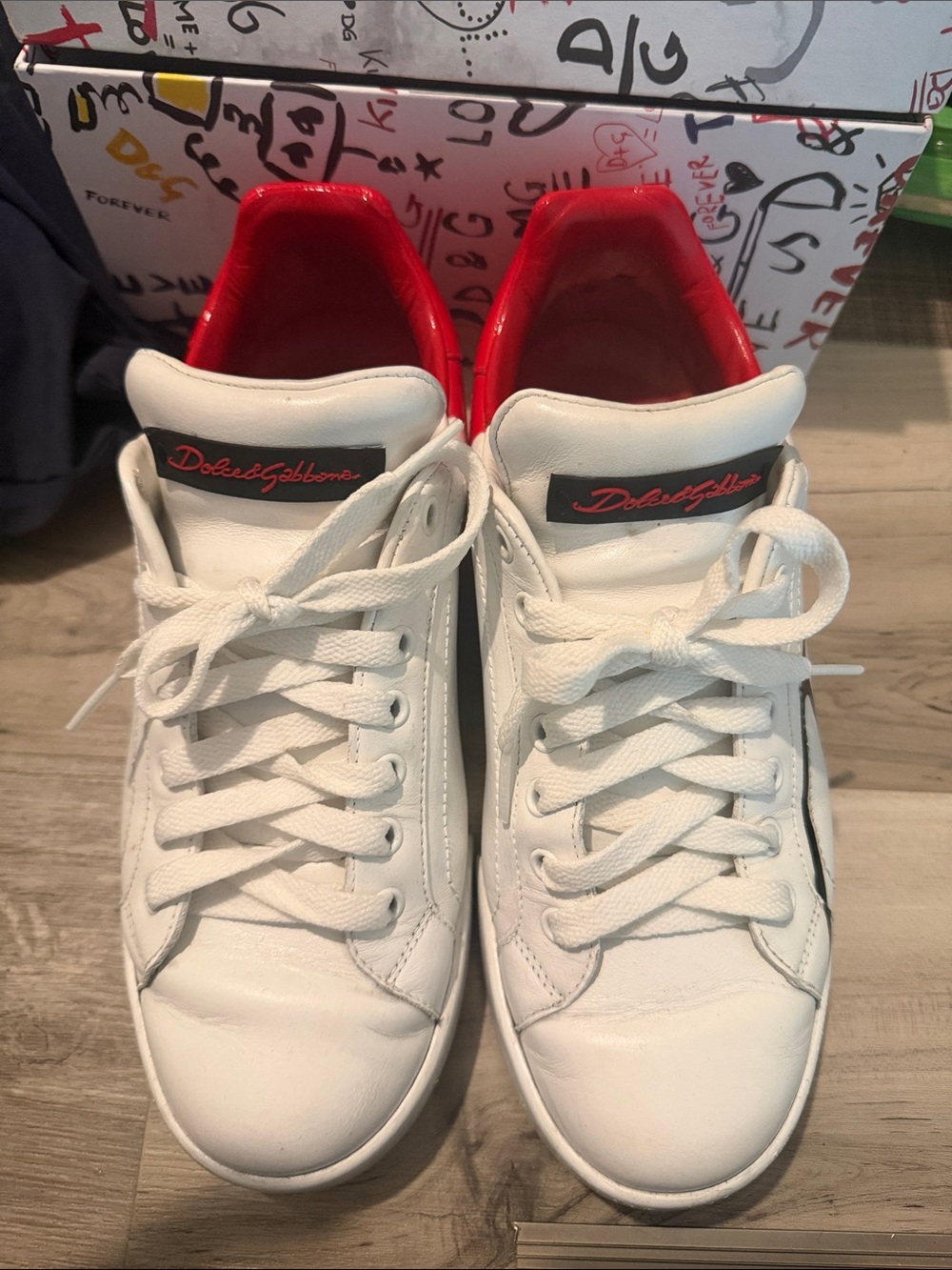 Authentic Dolce & Gabbana White Sneakers with Red Interior and Logo